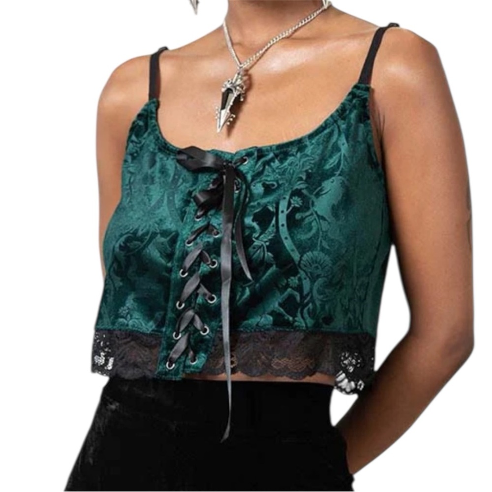 KILLSTAR Emerald Green Fable Tank Corset Top Satin Lace-Up Crop Cami Whimsigoth
